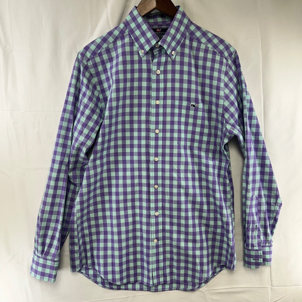 Vineyard Vines Tucker Shirt Mens M Purple Mint Green Gingham Slim Fit Cotton